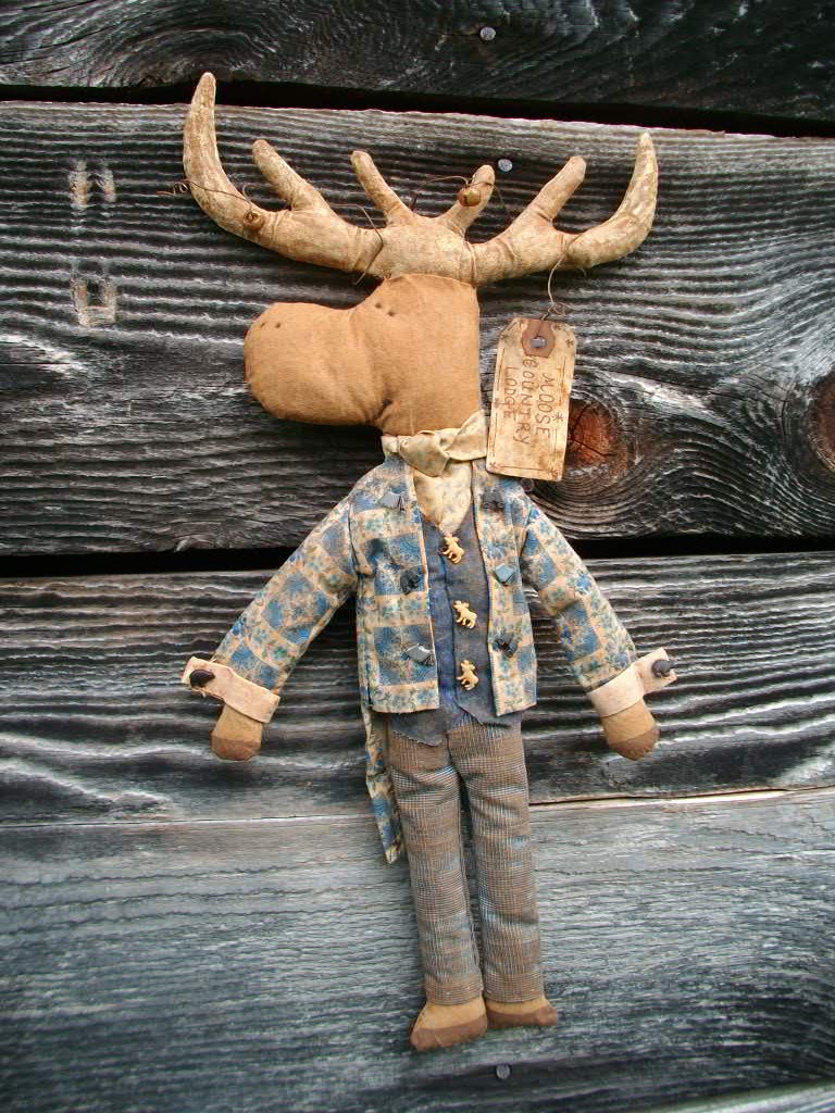 Primitive Moose Doll - Wall Hanging Or Shelf Sitter - Blue Victorian Swallowtail Jacket