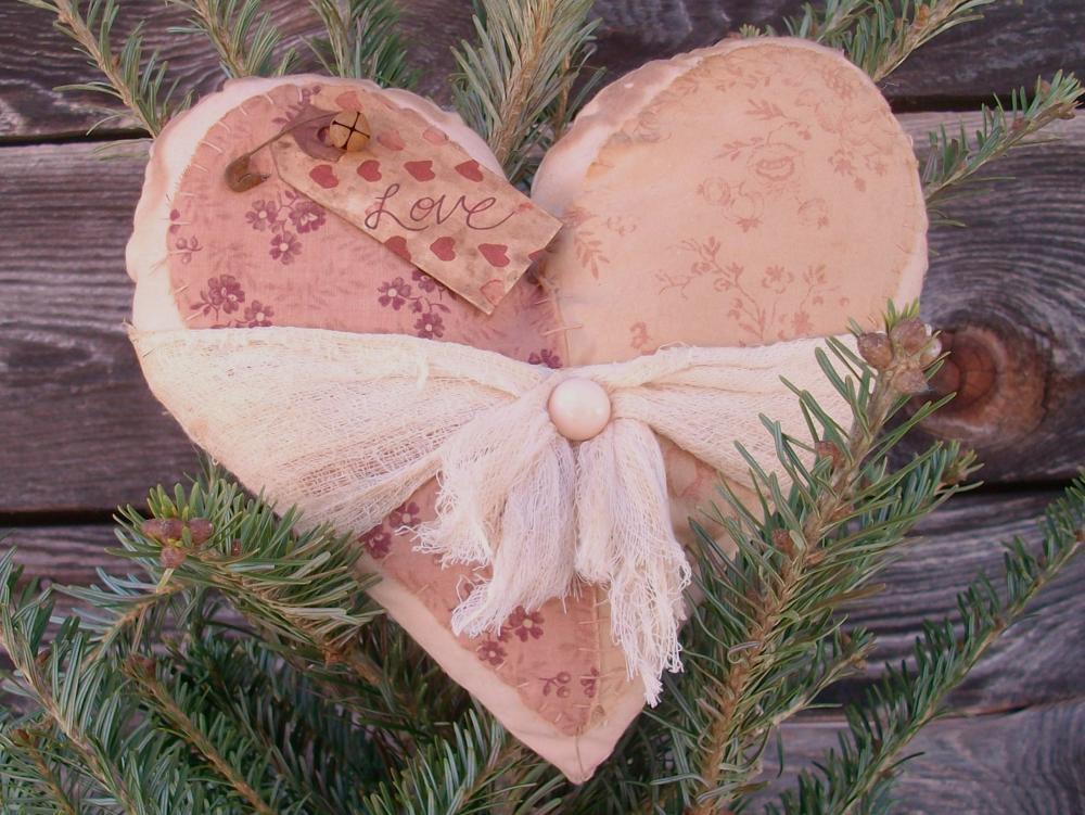 Primitive Romantic Heart Pillow Or Cushion- Pink Fabric Appliques And Cheesecloth Wrap