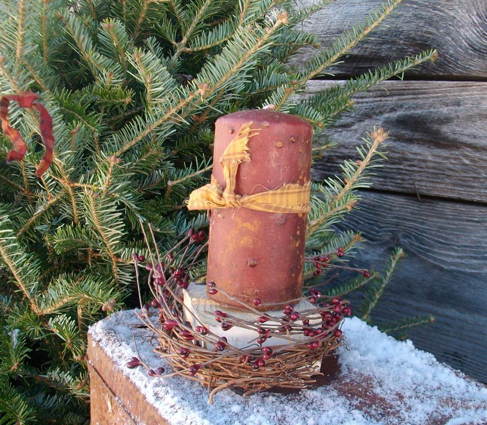 Primitive Candle Pedestal - Burgundy Pip Berry Candle Ring - Rustic Apple Cinnamon Scented 6" Pillar With Mustard Homespun