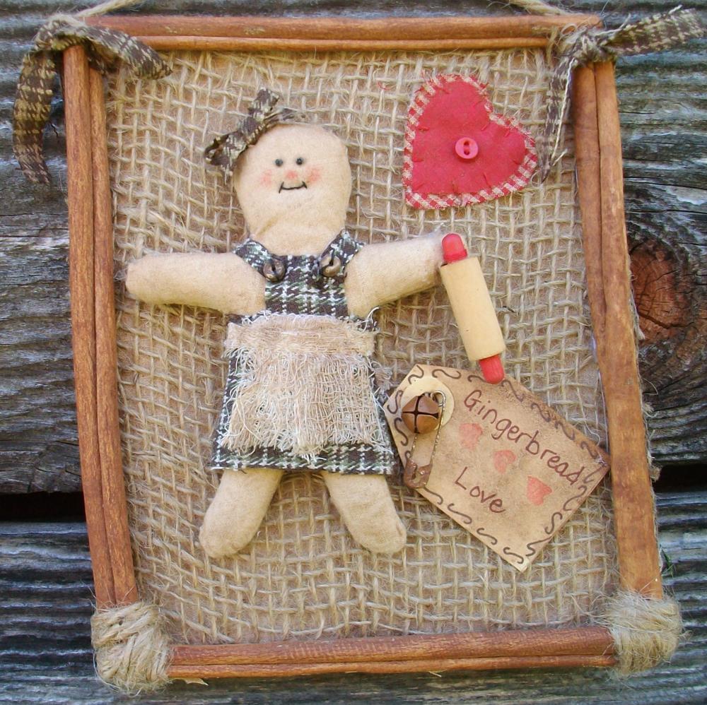 Rustic Primitive Gingerbread Girl With Rolling Pin And Heart - Cinnamon Stick Framed Kitchen Wall Hanging
