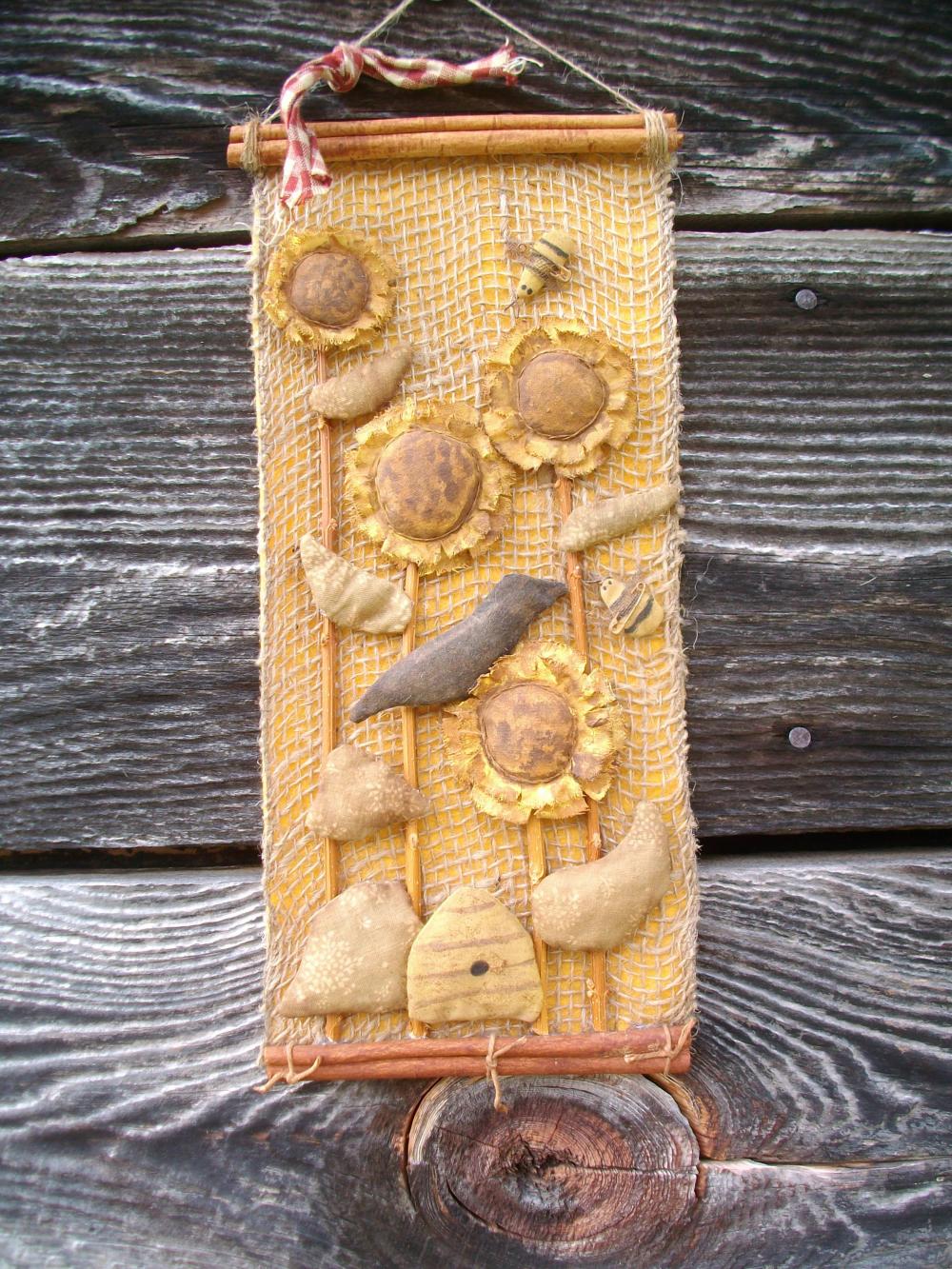 Primitive Burlap Wall Hanging - Sunflowers, Bees Skep And Crow - Cinnamon Stick And Jute Hanger