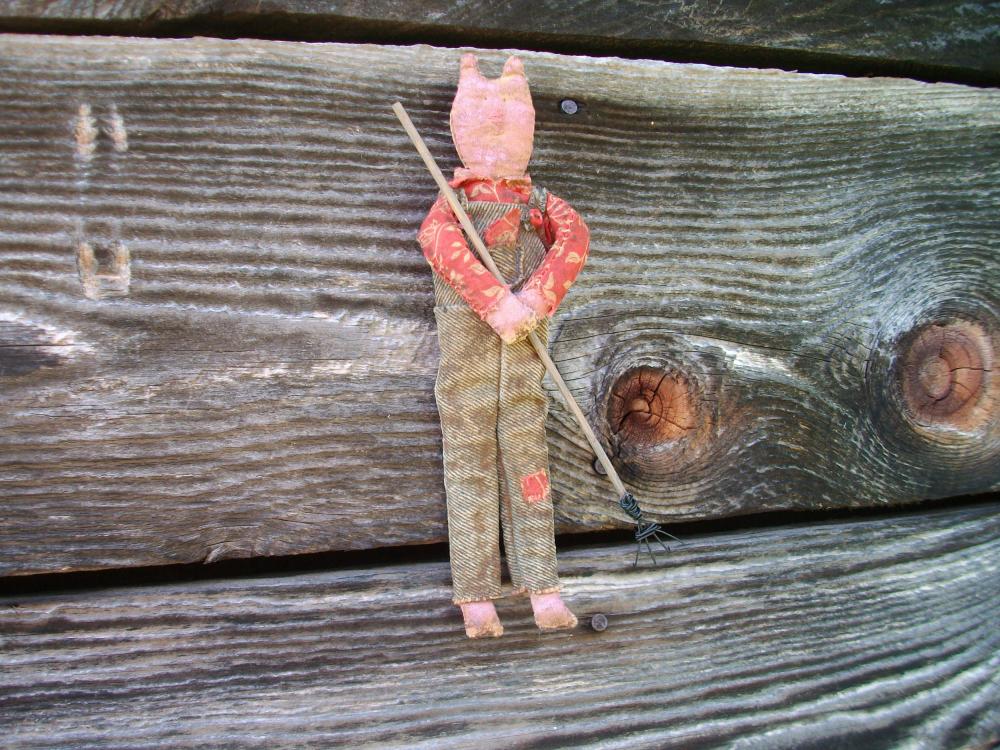 Primitive Farming Pig Doll - Blue Denim Overalls And Rake - For Country Or Cabin Decor