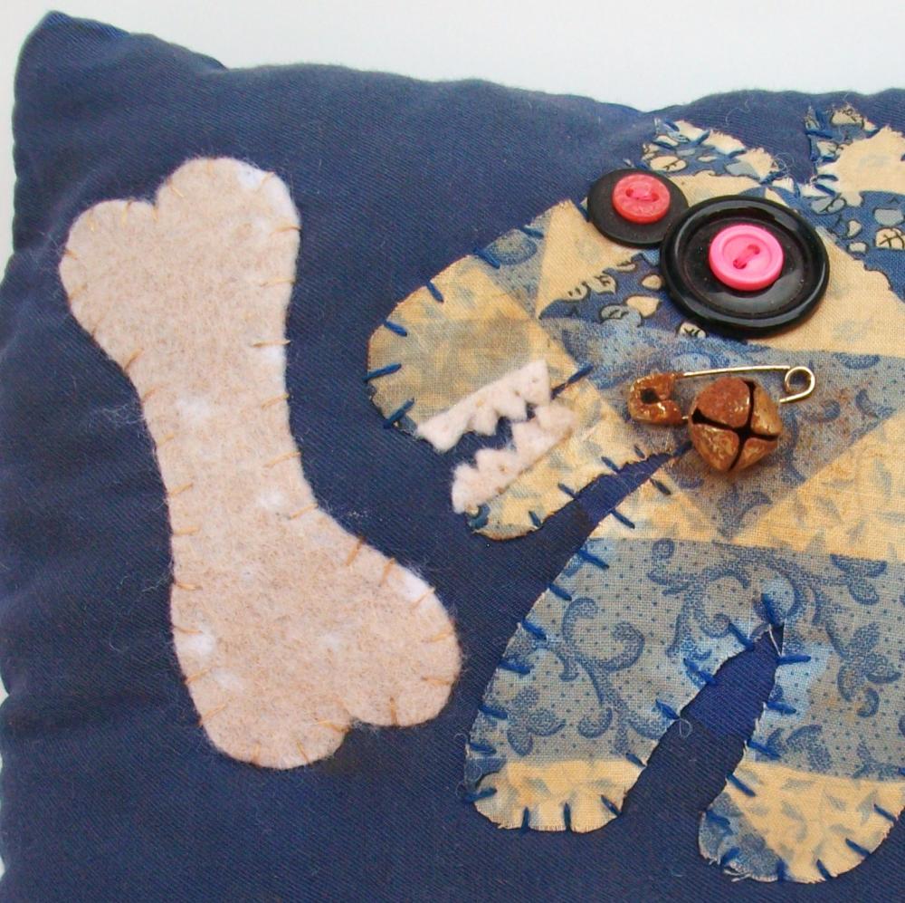Primitive Whimsical Pillow Appliqued Australian Cattle Dog Or Blue