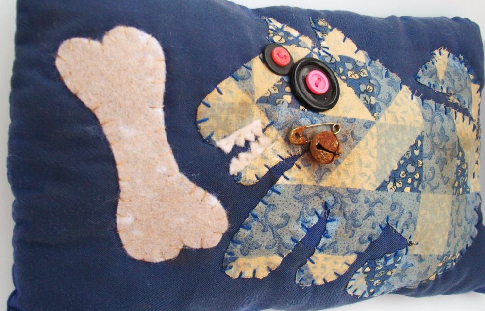 Primitive Whimsical Pillow Appliqued Australian Cattle Dog Or Blue