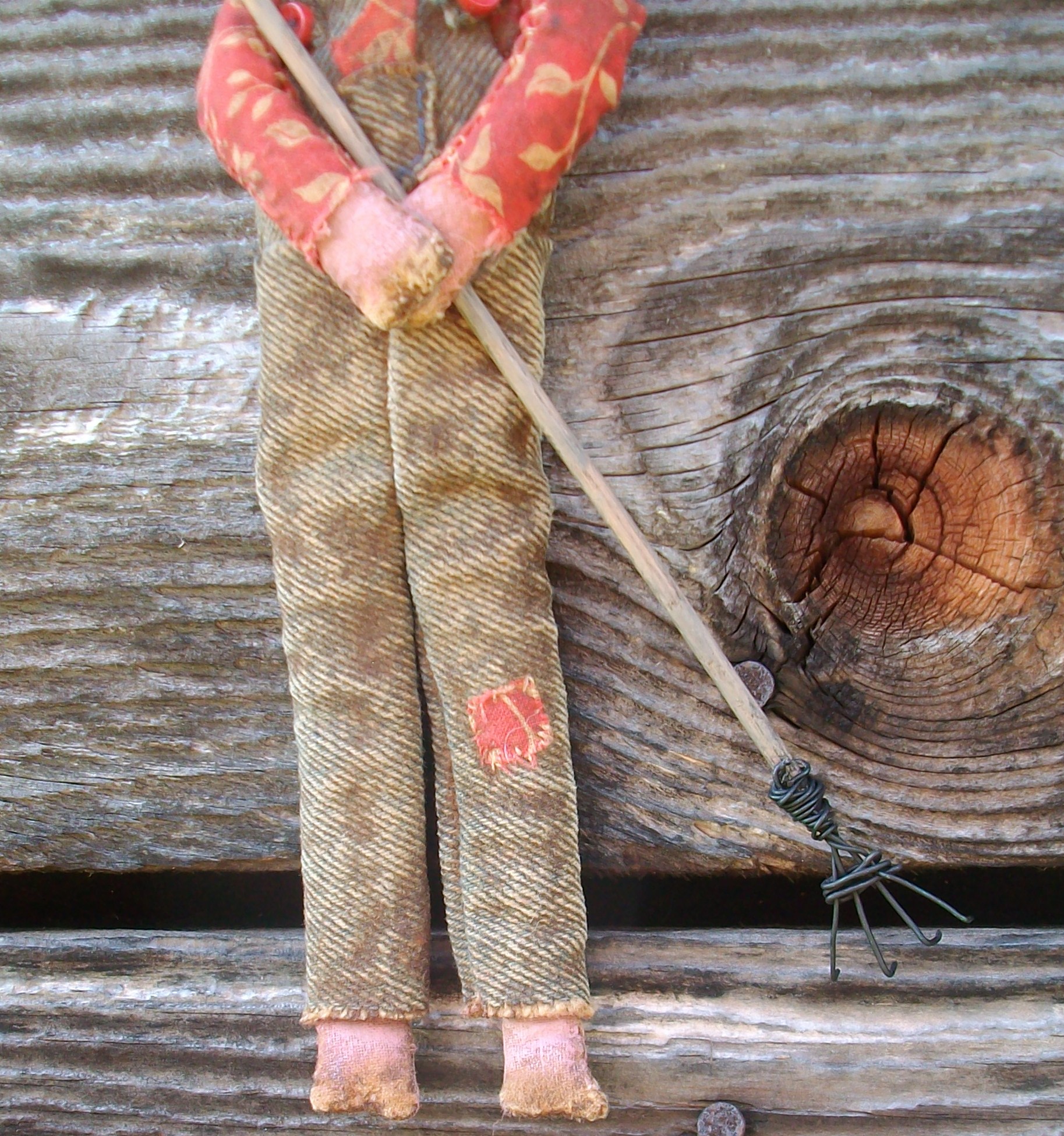 Primitive Farming Pig Doll - Blue Denim Overalls And Rake - For Country ...